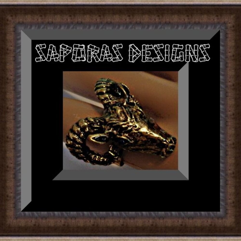 Size 6.5 Antique Ram Design Ring With Black Rhinestone Eyes Adjustable To Fit